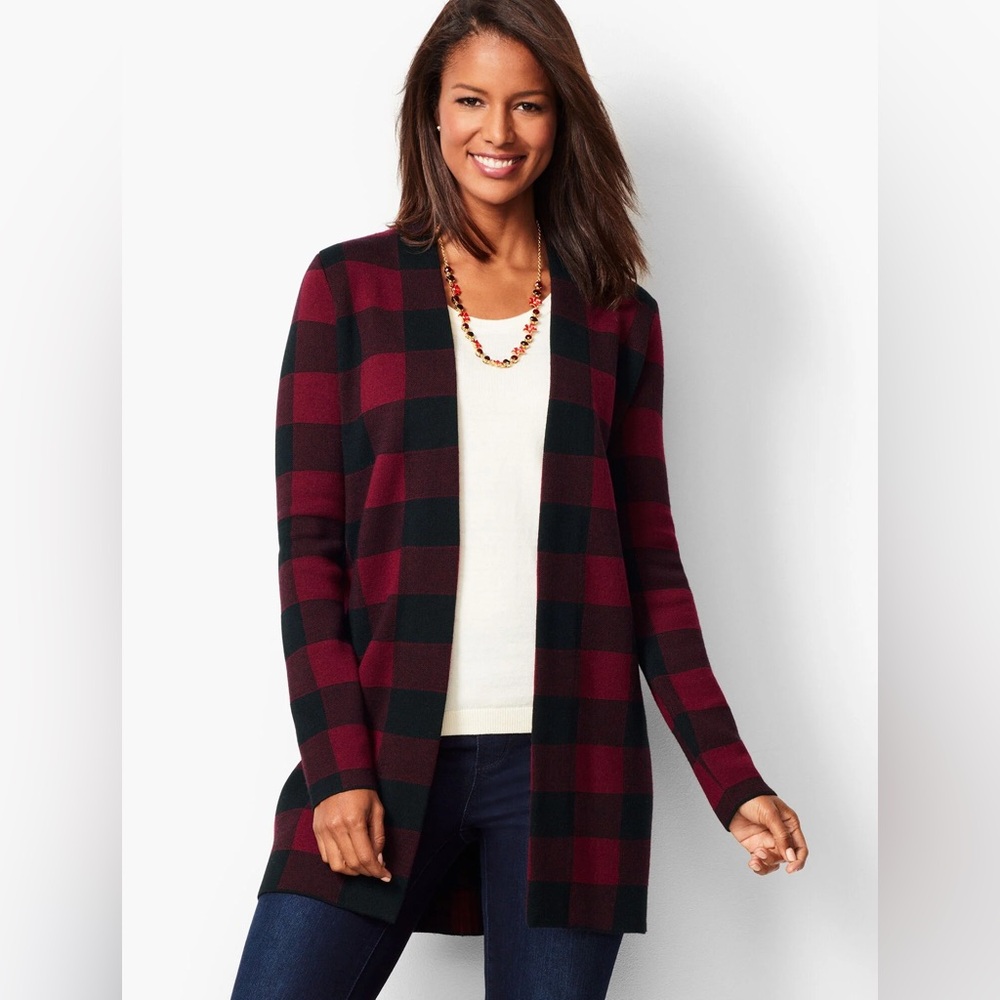 Talbots buffalo plaid 100% Marino wool open front cardigan warm XS